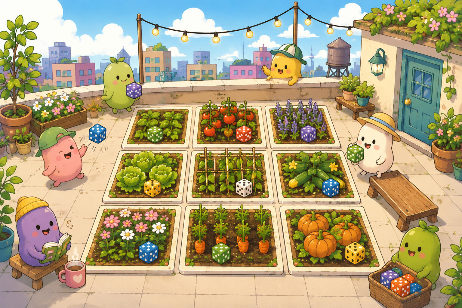Cute bean characters flicking dice onto nine vegetable garden plots on a sunny city rooftop