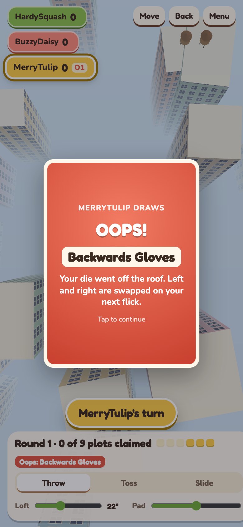A red Oops card reading Backwards Gloves after a die went off the roof