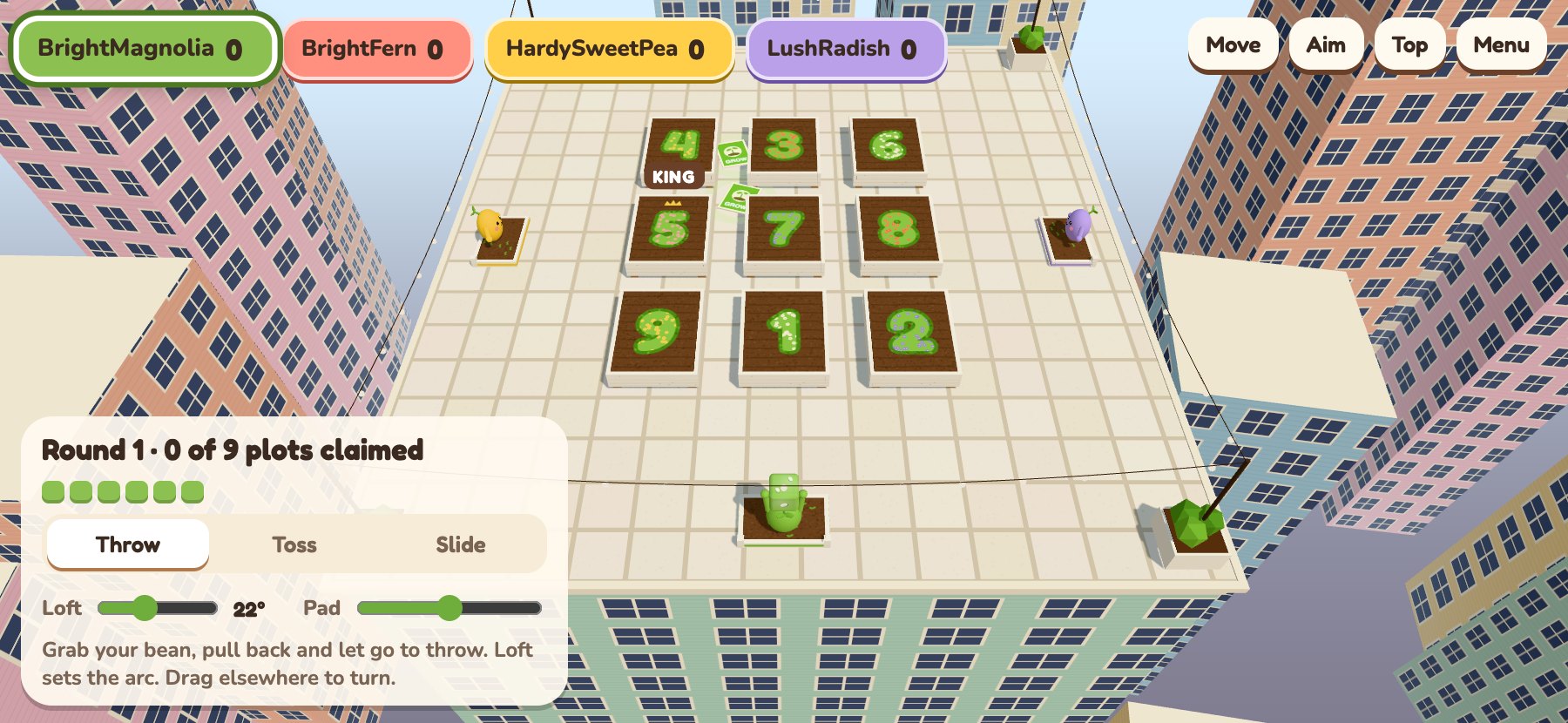 The rooftop in daylight: nine numbered garden boxes, four beans waiting on their launchers, and the controls for Throw, Toss and Slide