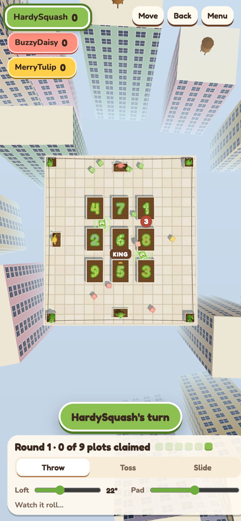 Top-down view of the rooftop: nine numbered garden boxes, the King on the 5, and colored dice scattered around